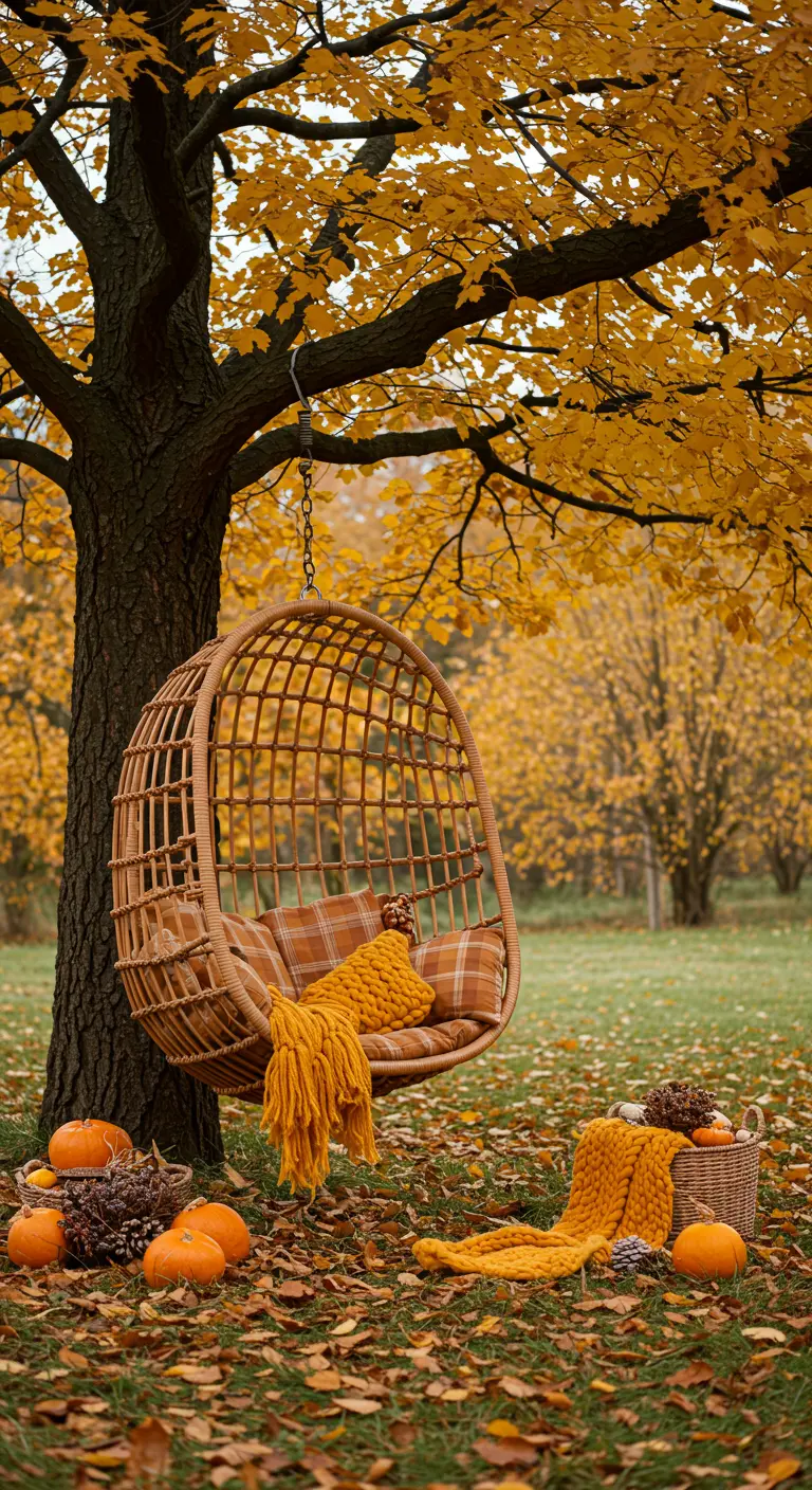 A rattan egg chair with plaid cushions and a yellow knit throw in a fall setting with pumpkins.