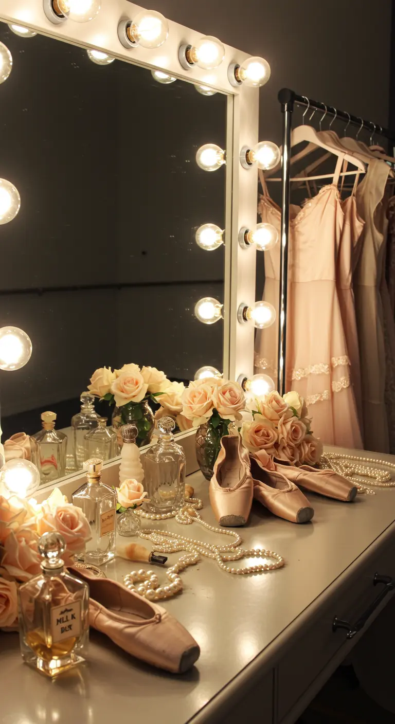 A backstage vanity with ballet slippers, roses, pearls, and perfume bottles.