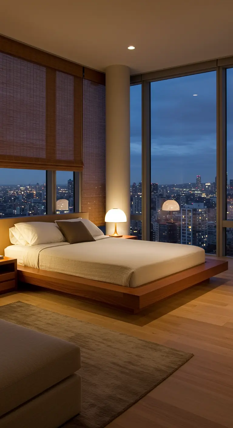 High-rise bedroom with a city view, low platform bed, and bamboo blinds.