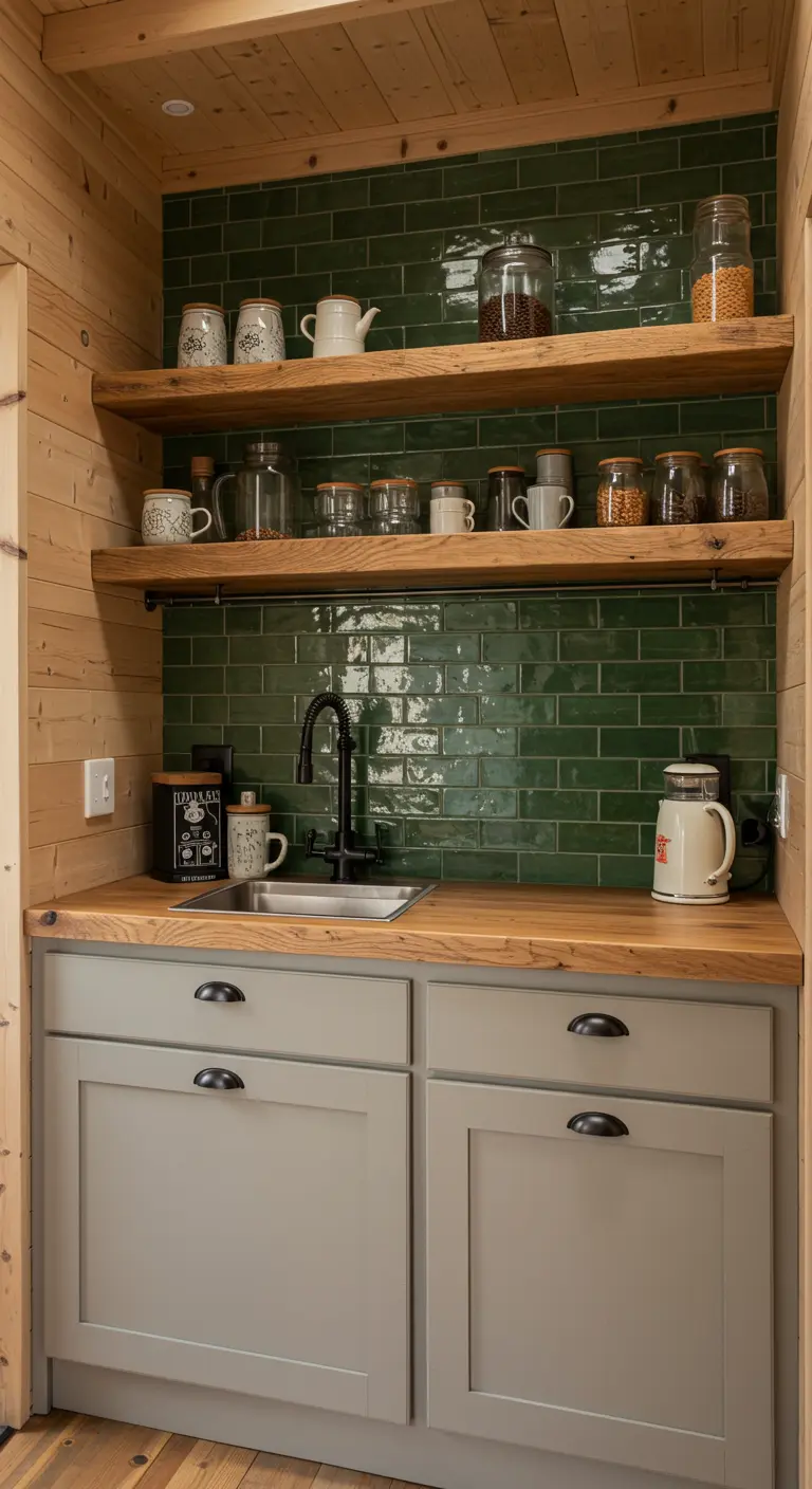 Kitchen nook with grey cabinets, a green tile backsplash, and rustic wood walls and shelves.