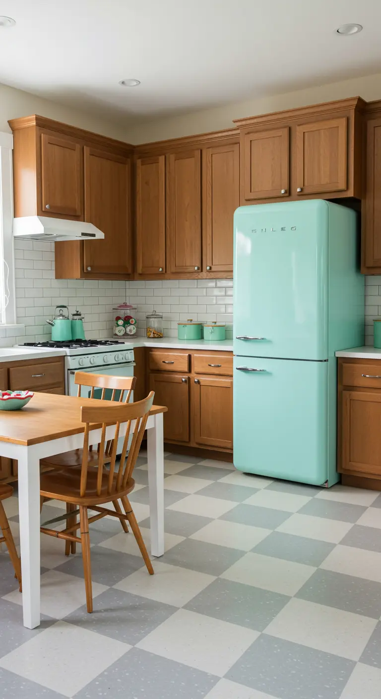 Kitchen with wood cabinets, a mint green retro fridge, and a grey and white patterned floor.