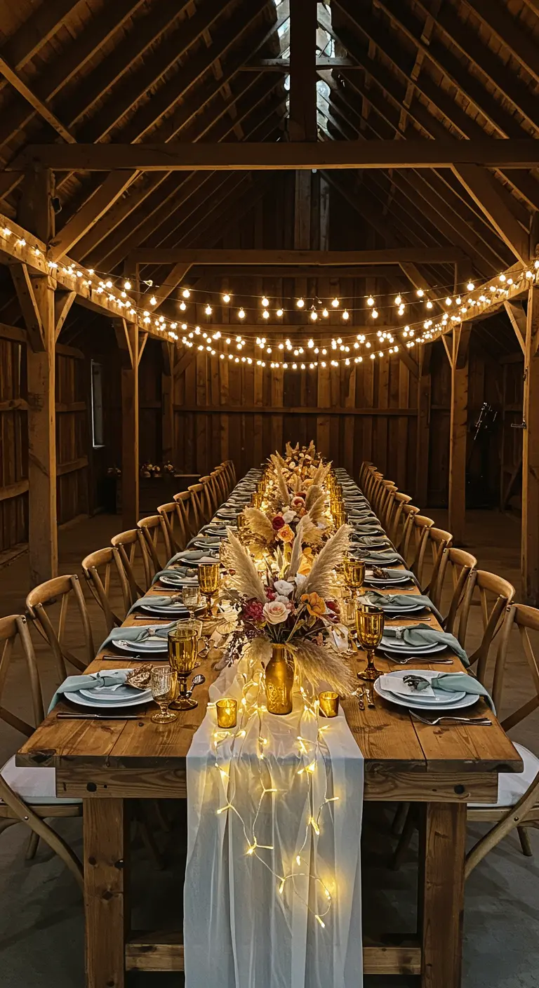 Long wooden table in a rustic barn with overhead string lights and a glowing runner.