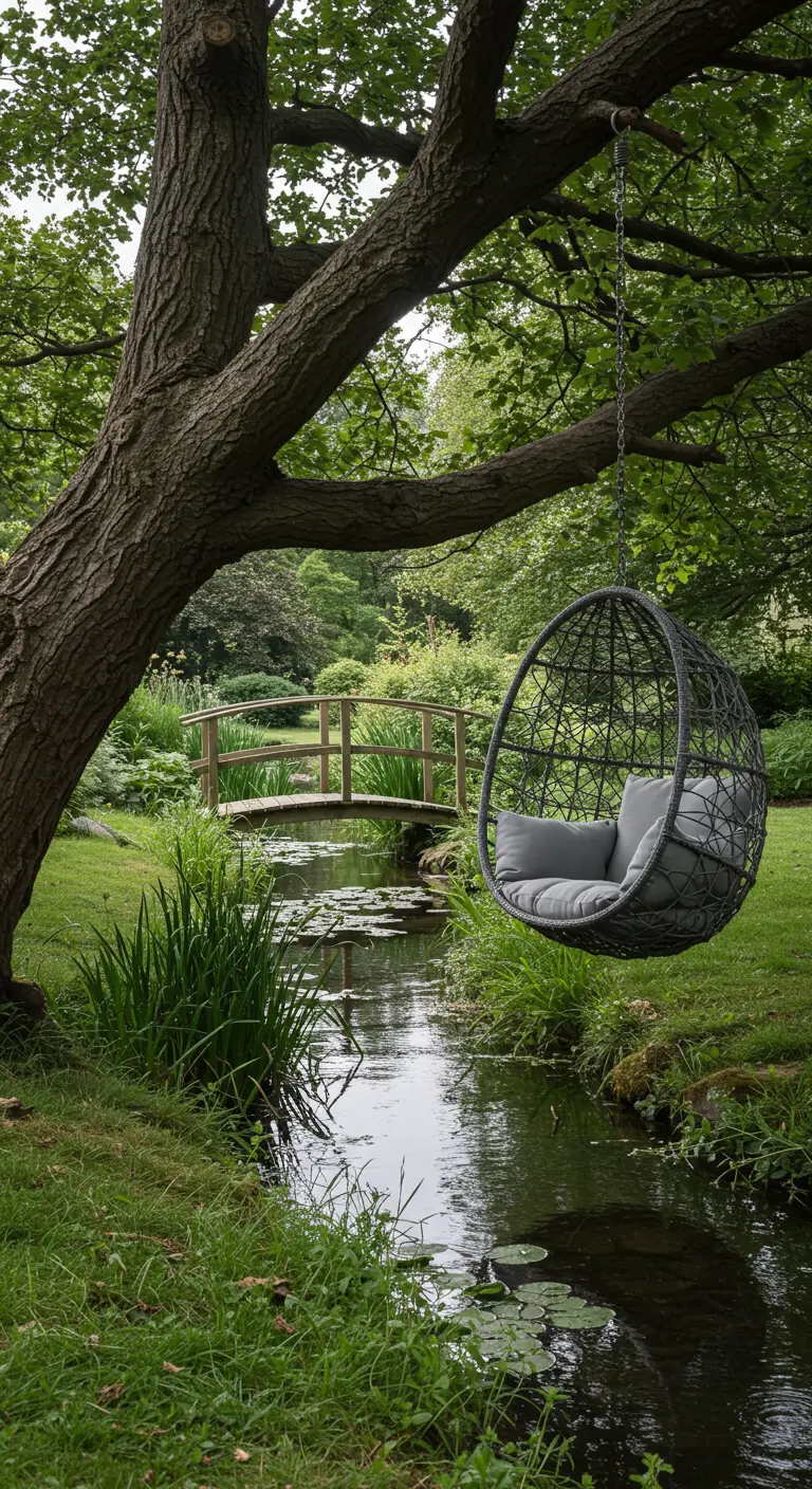 A gray rattan egg chair hanging over a small stream in a lush, green garden.