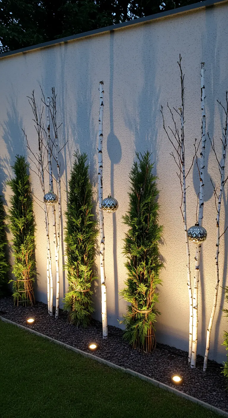 A row of upright birch poles and slender evergreens, uplit from the ground with baubles hanging.