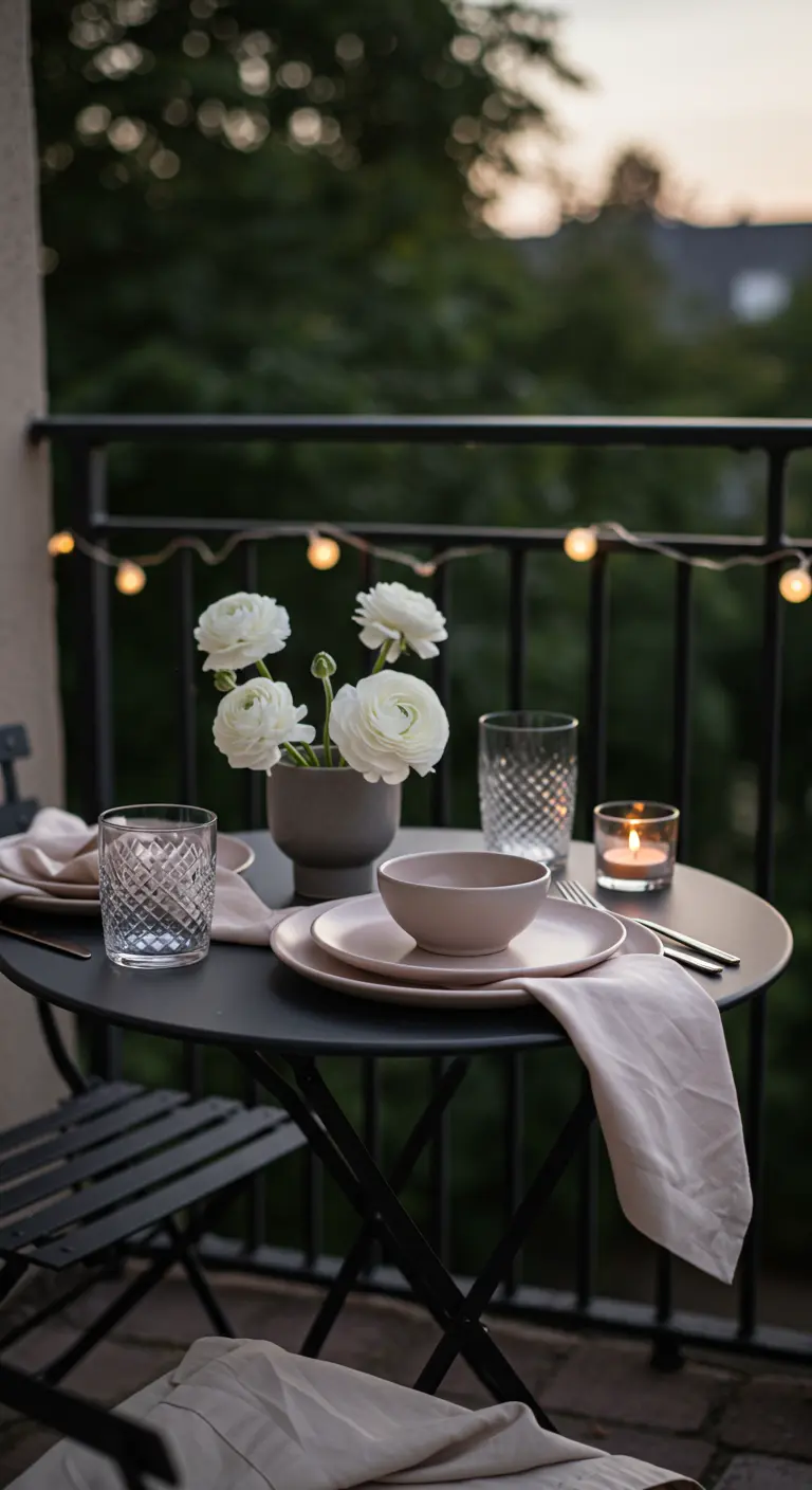 A small black bistro table on a balcony set for two with soft lighting.