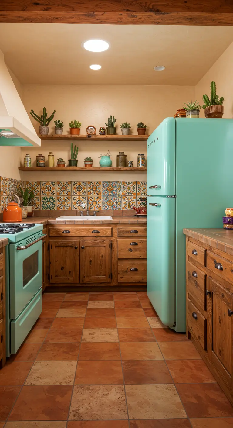 Southwestern kitchen with wood cabinets, a colorful tile backsplash, and a terracotta checkerboard floor.