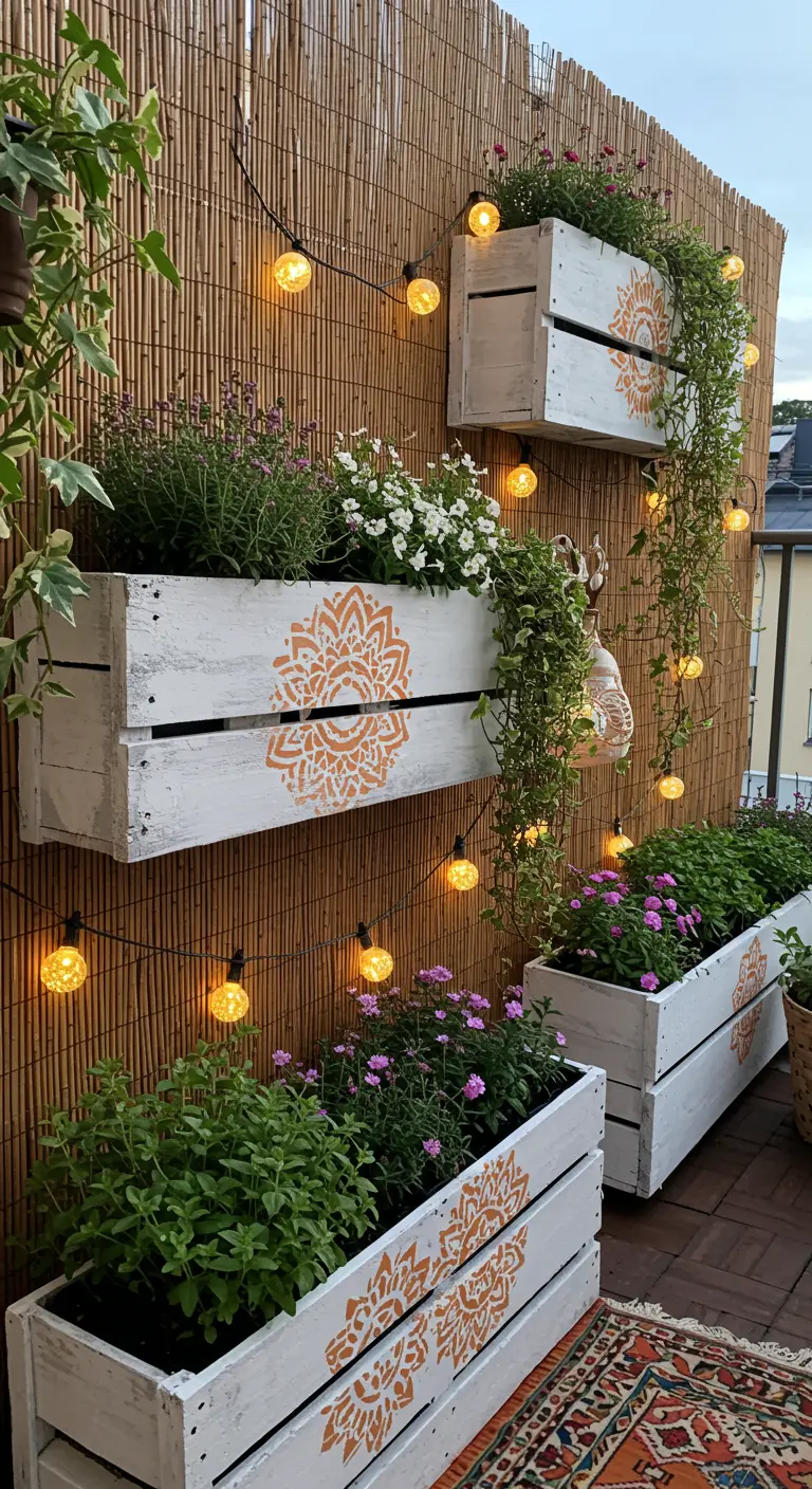 White painted pallet crates with orange mandala stencils on a balcony.