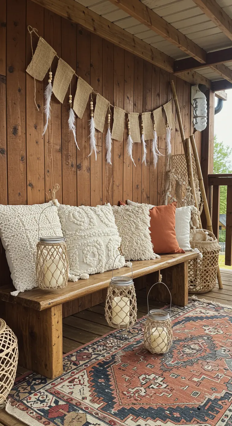 A boho-style porch with a bench covered in textured pillows and macrame lanterns.