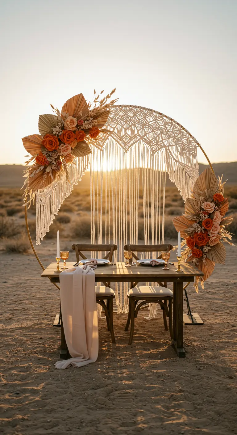A round wedding arch with macrame, dried palms, and orange and pink flowers in a desert landscape.