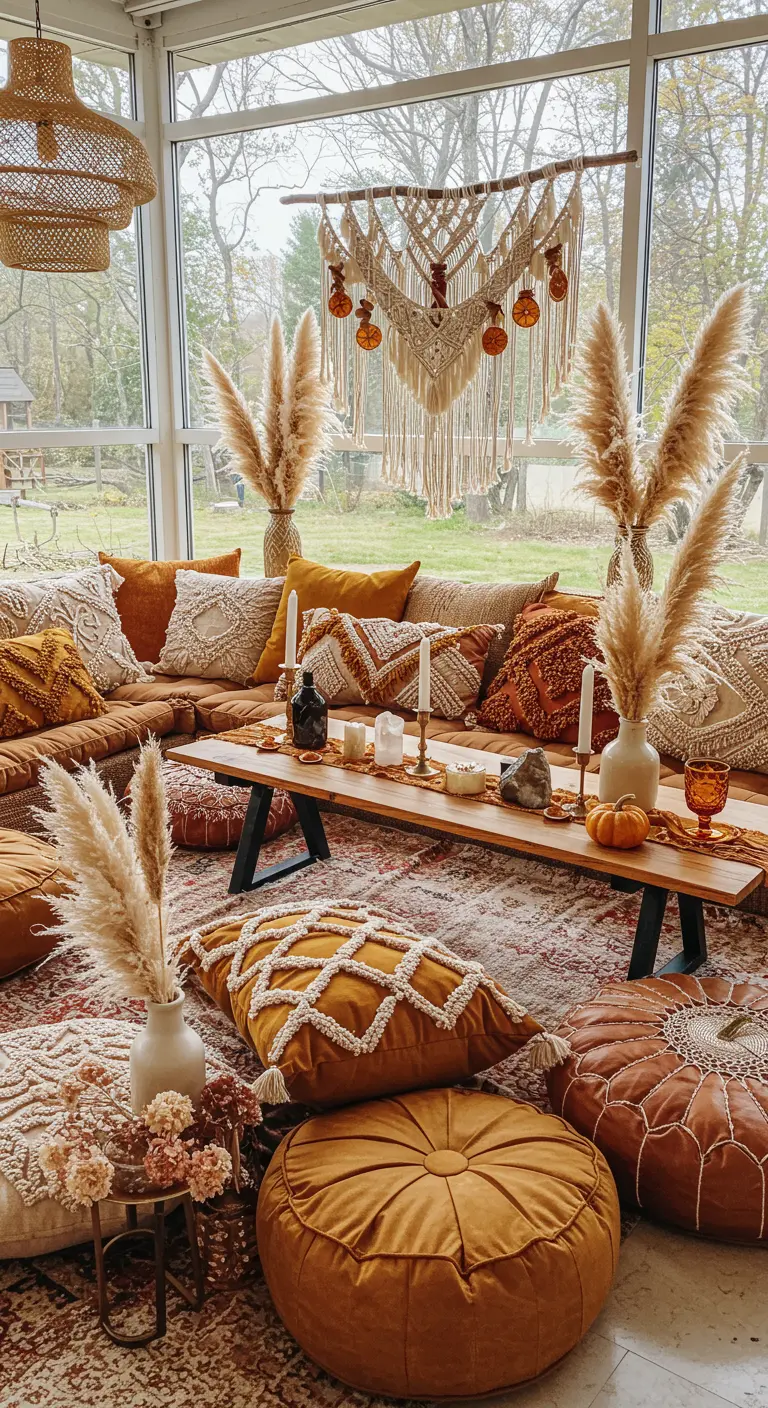 Sun-filled boho-style living room with pampas grass, macrame details, and autumn-colored pillows.