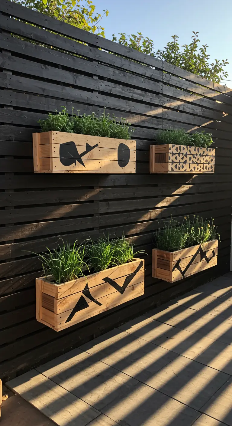 Natural wood pallet planters with black abstract stencils on a black fence.