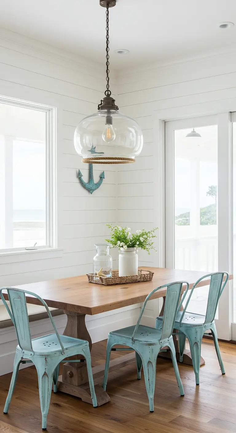 Coastal dining nook with distressed aqua chairs and a glass pendant with rope detail.