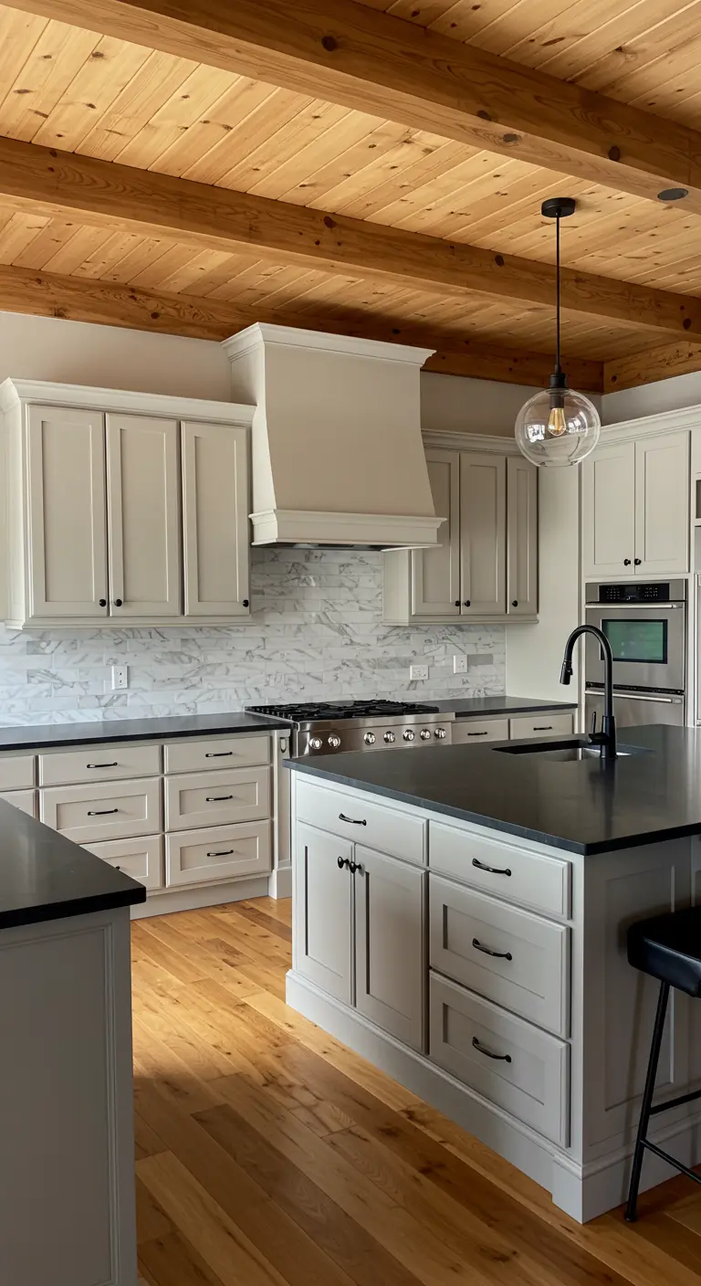 Rustic kitchen with white cabinets, a marble backsplash, and wood ceiling.
