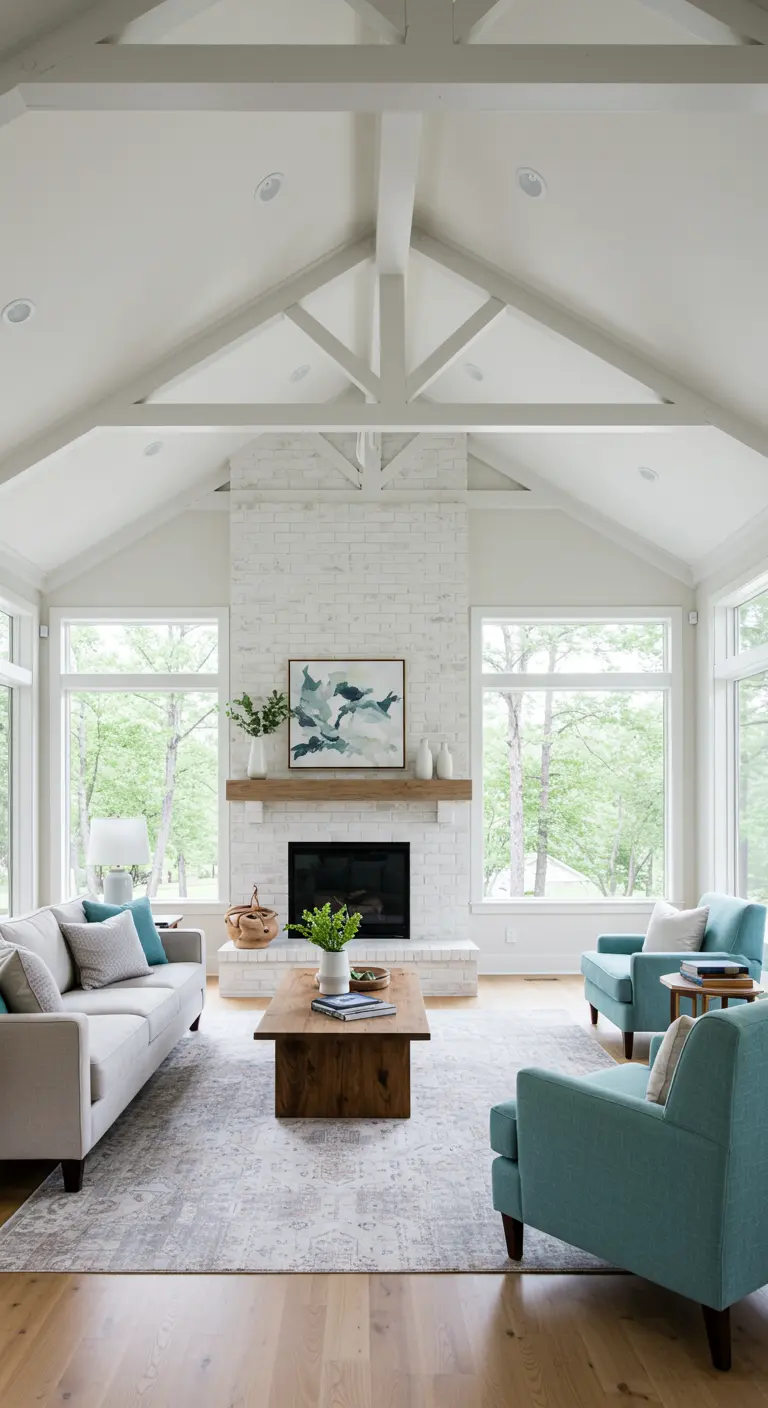 Living room with a tall, whitewashed brick fireplace under a vaulted ceiling.