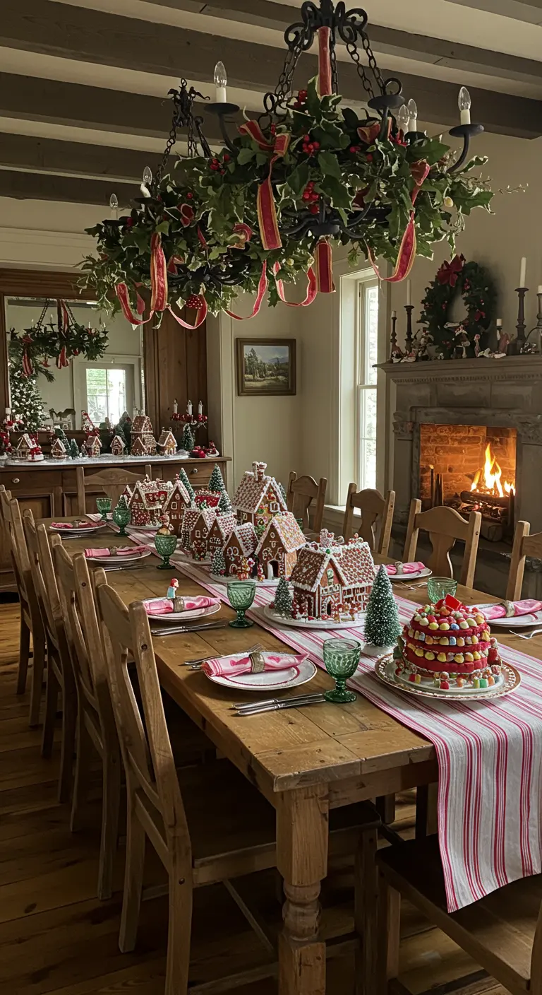 Rustic dining table with a gingerbread house village centerpiece and a lit fireplace.