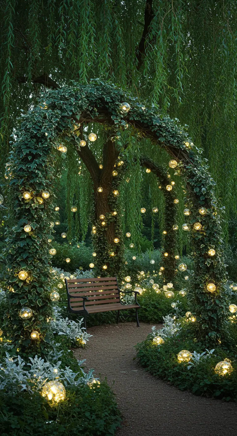 A bench sits under a magical arch of ivy, adorned with dozens of glowing orb lights.