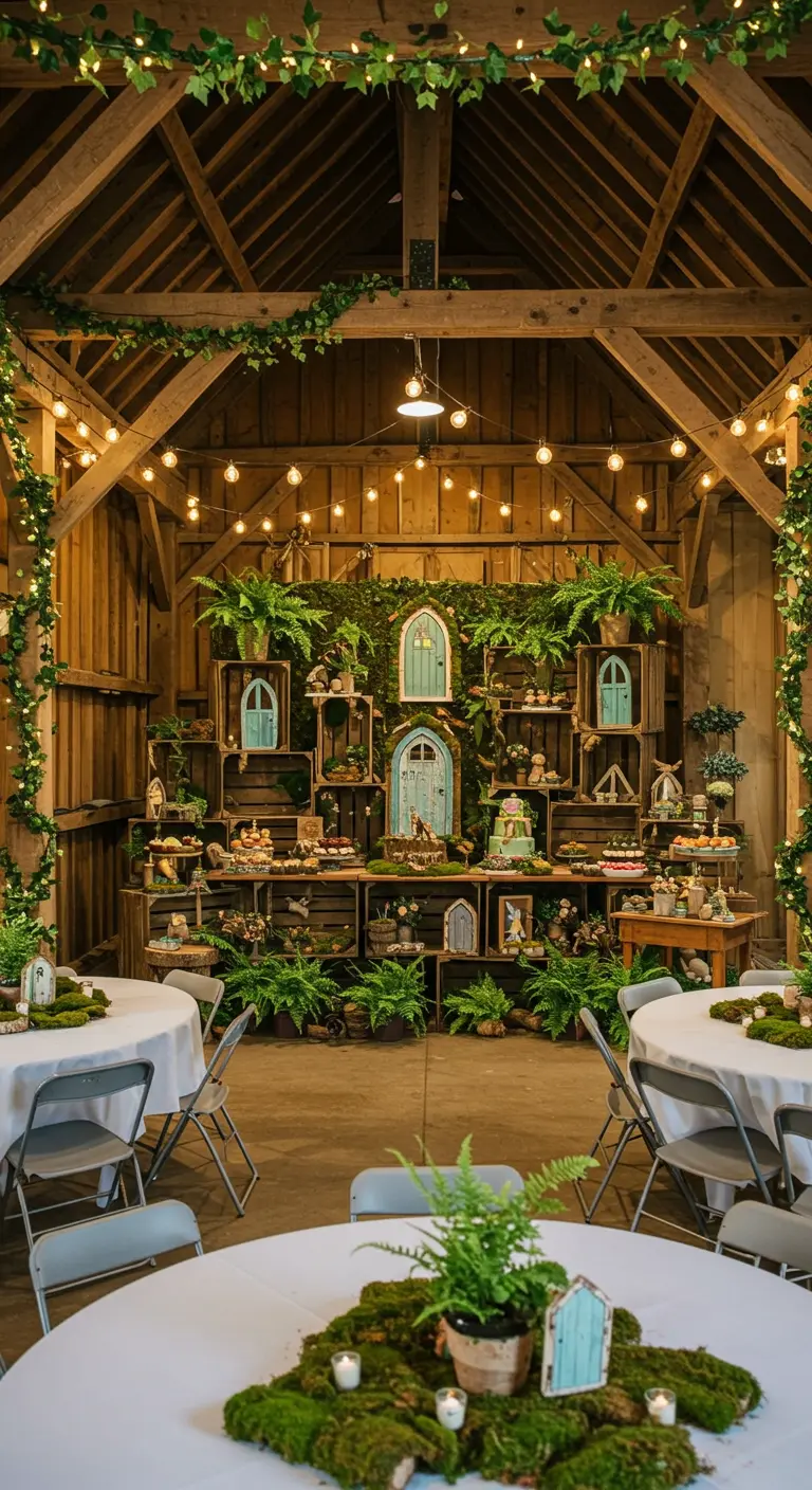 A rustic barn party with a dessert display made of stacked wooden crates and fairy doors.