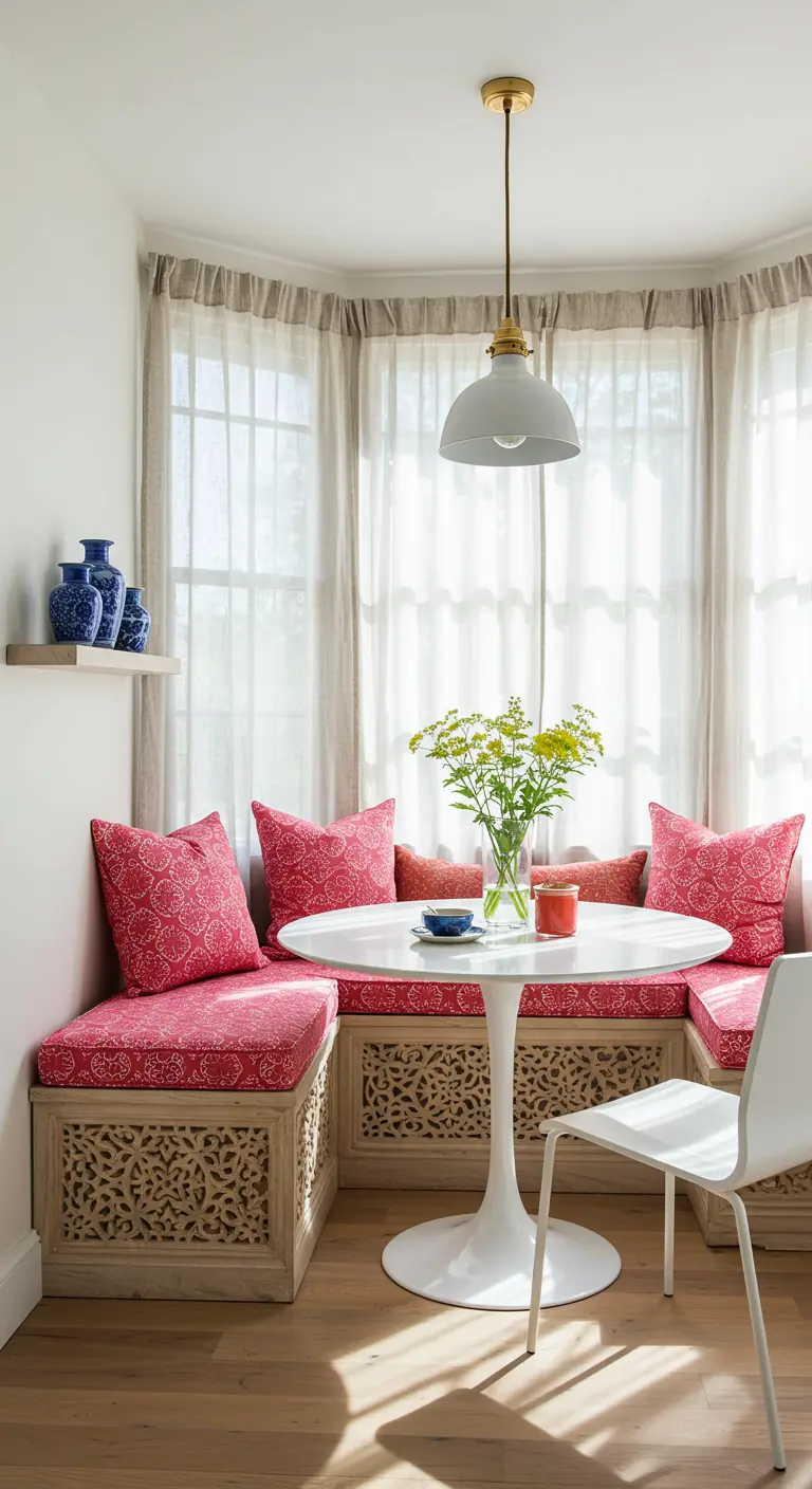 Breakfast nook with a built-in banquette featuring a carved wood base and pink cushions.