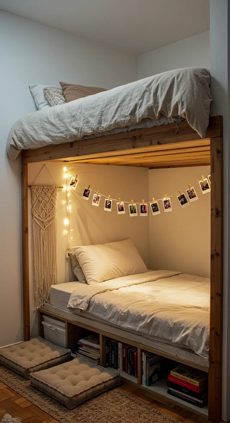 A cozy bunk bed nook decorated with a small macramé hanging and string lights with photos.