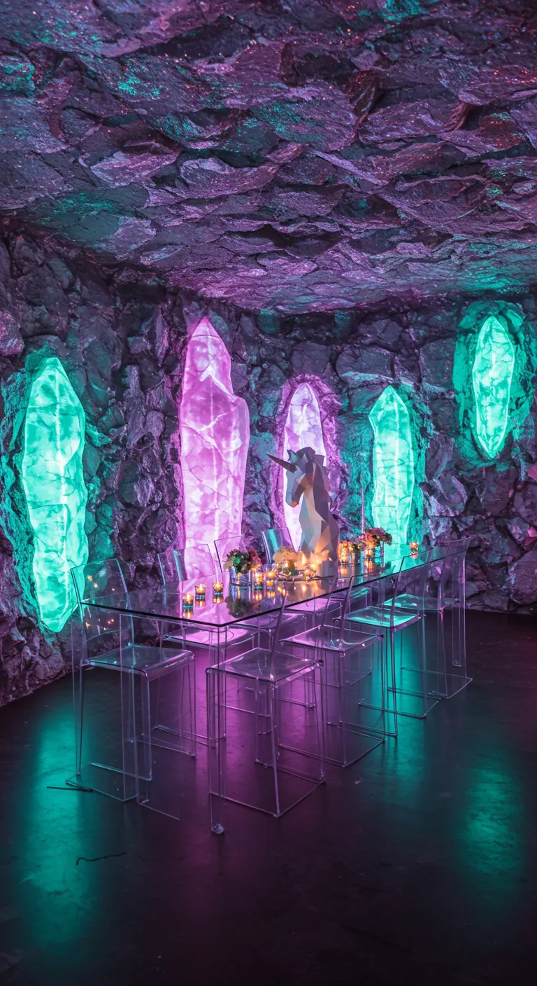 Unicorn party in a cave-like room with large glowing crystal lights.