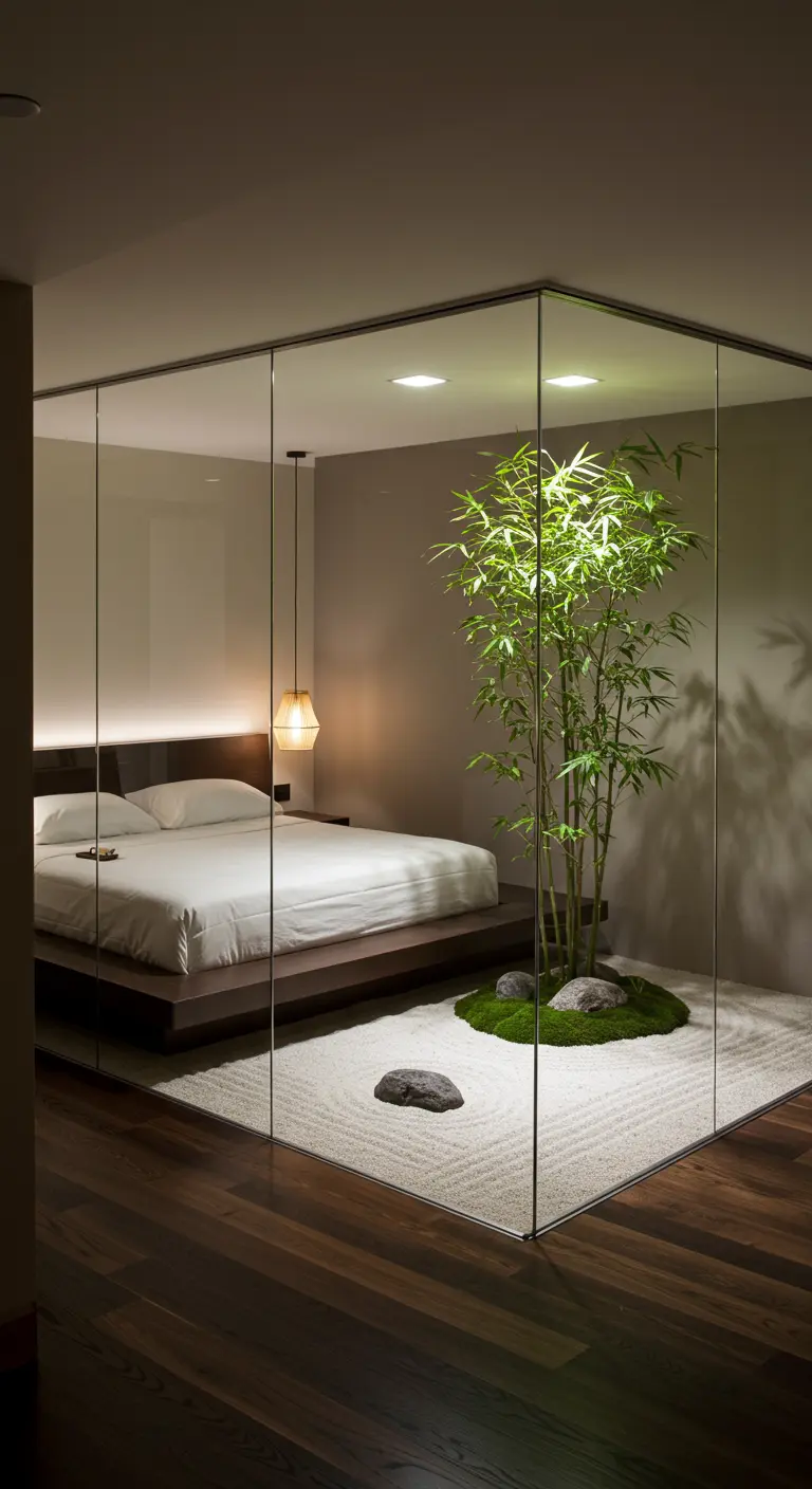 Bedroom featuring a glass-enclosed indoor zen garden with a bamboo plant.