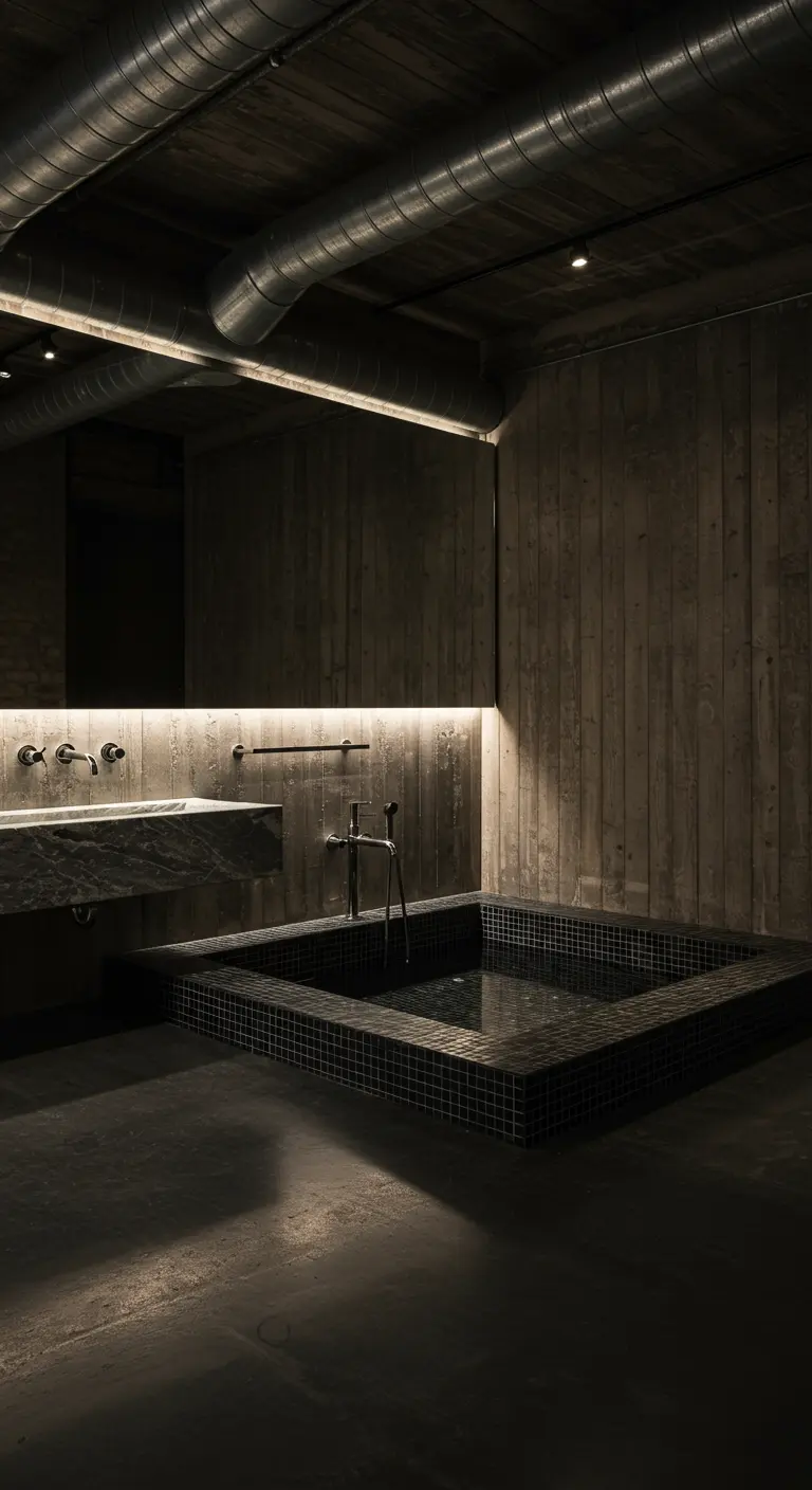 Dark, moody bathroom with a sunken black tile tub and minimal lighting.