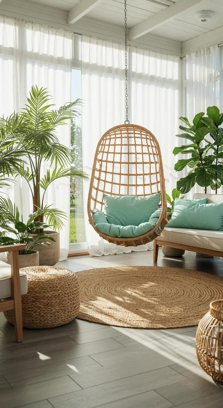 A sunroom featuring a hanging rattan egg chair with a light green cushion.