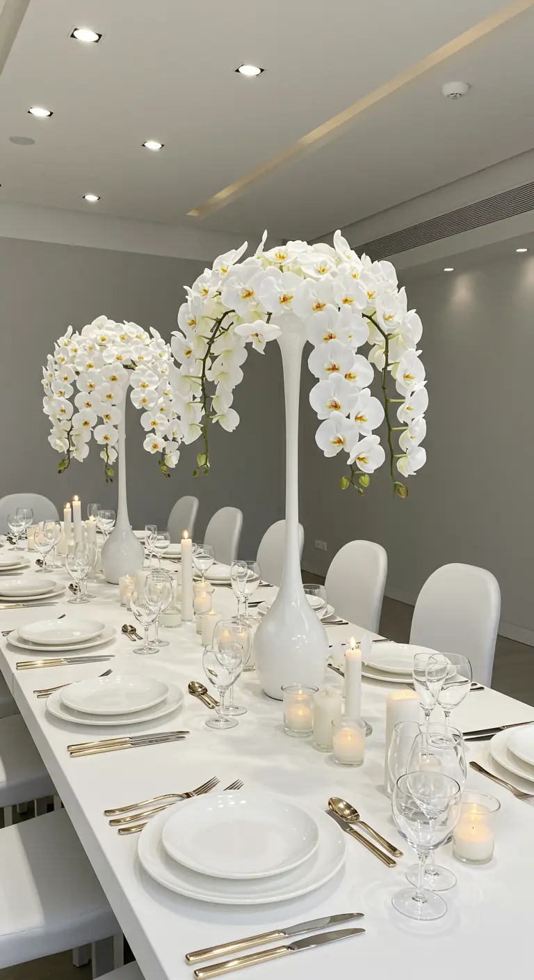 Long white table with towering vases of cascading white orchids.