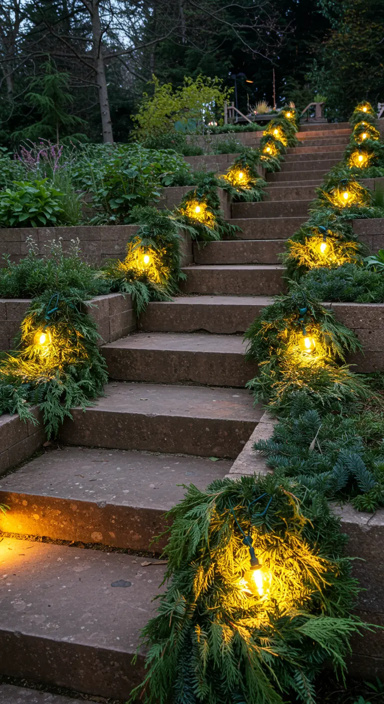 Outdoor stone steps, with each corner decorated with a large evergreen swag and a single warm light.