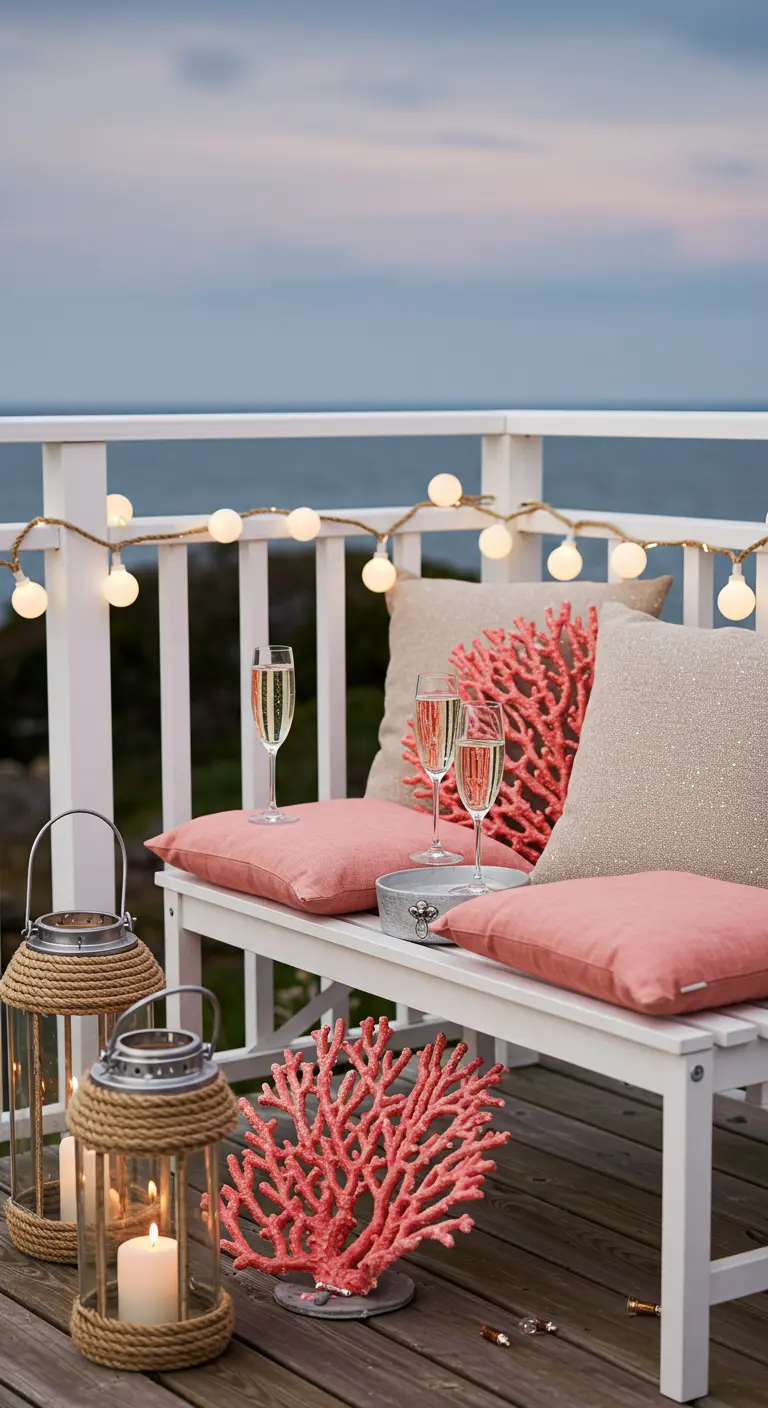 White bench with pink cushions, globe lights, champagne, and faux coral decorations.