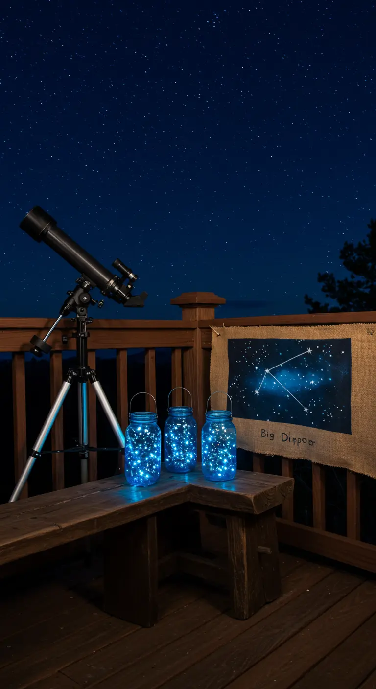 A bench on a deck at night with a telescope and a constellation-themed banner.