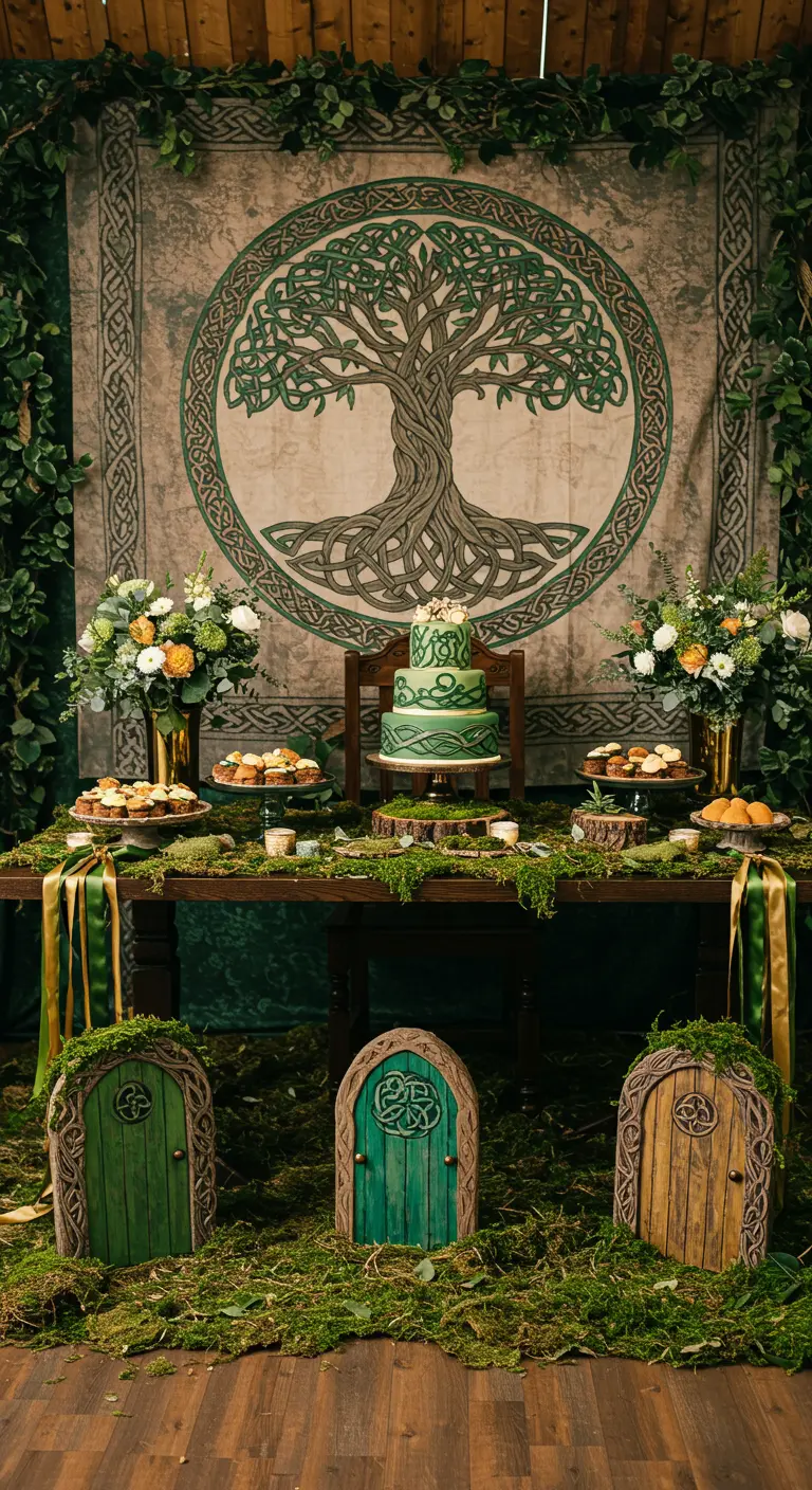 A Celtic-themed fairy party with a Tree of Life tapestry and rustic wooden fairy doors.