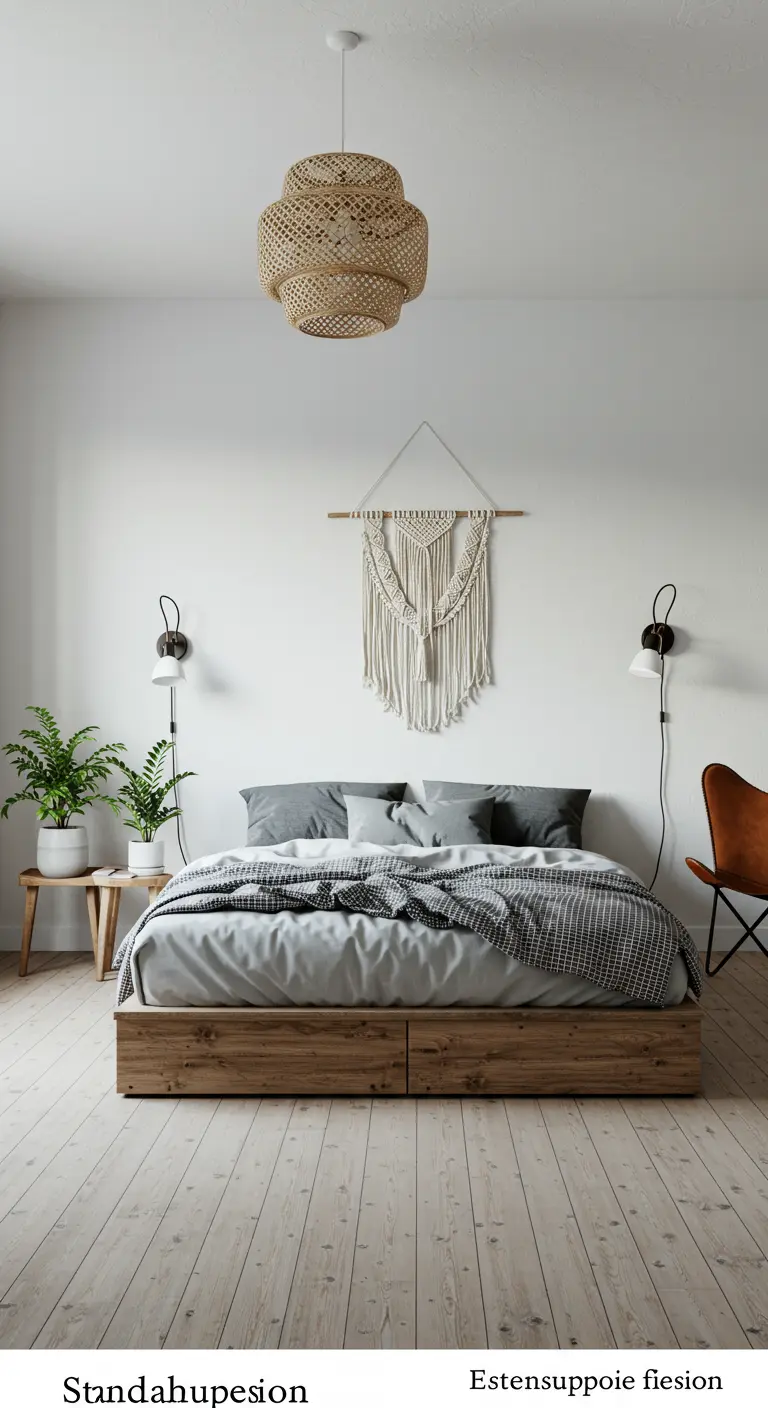 Minimalist bedroom with a wood platform bed with storage and a macramé hanging.