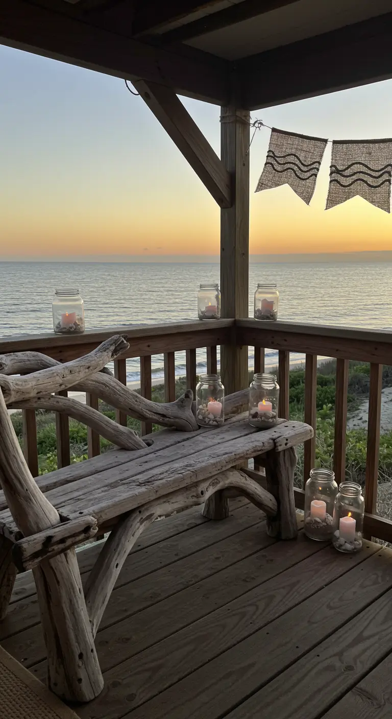 A driftwood bench on a deck overlooking the ocean, with candles and shells in jars.