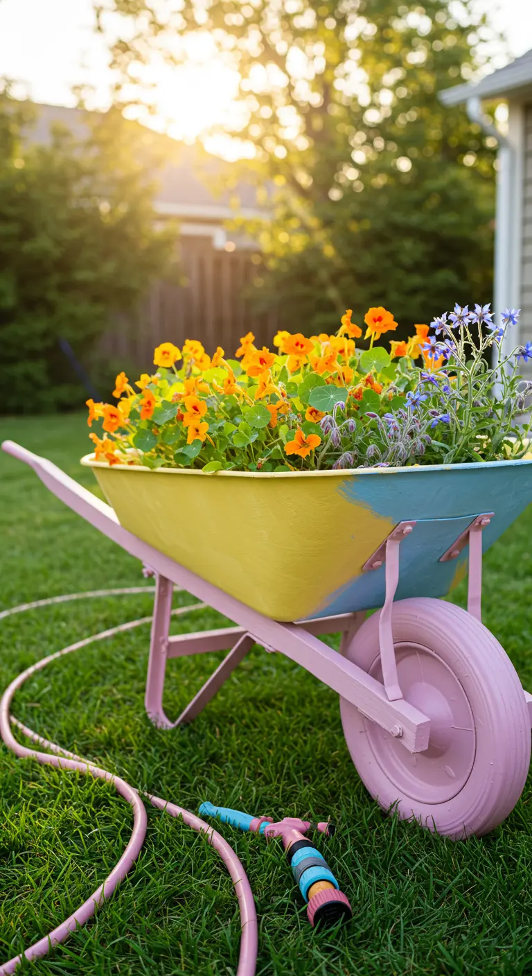 A wheelbarrow color-blocked in yellow and blue, filled with bright orange nasturtium flowers.