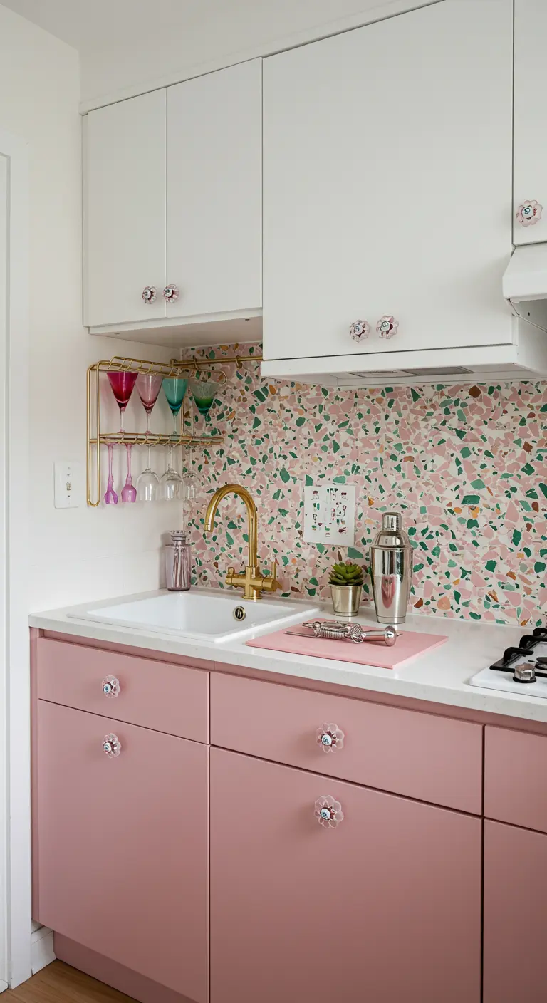 Pink lower cabinets and white uppers with a colorful terrazzo backsplash and crystal knobs.