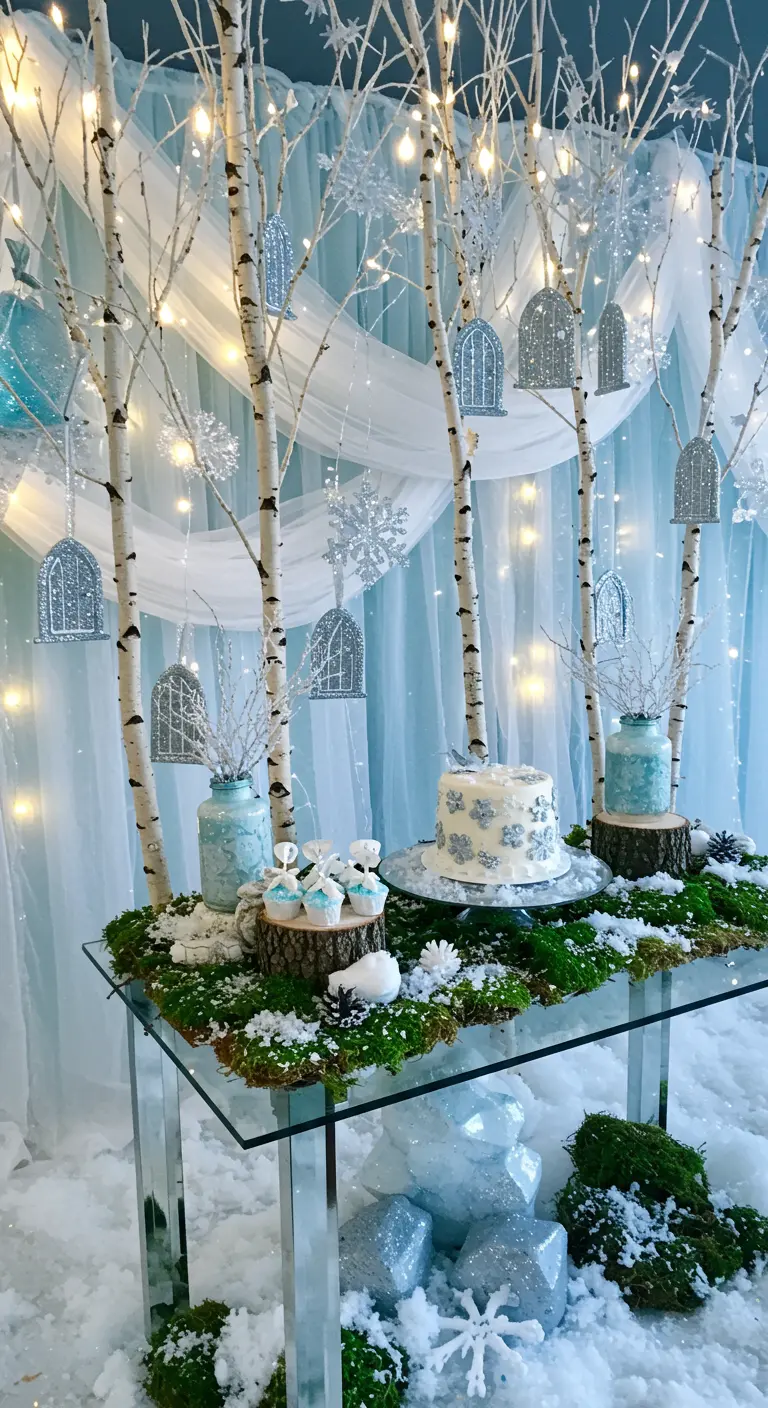 A winter wonderland fairy party with birch trees, twinkle lights, and faux snow.