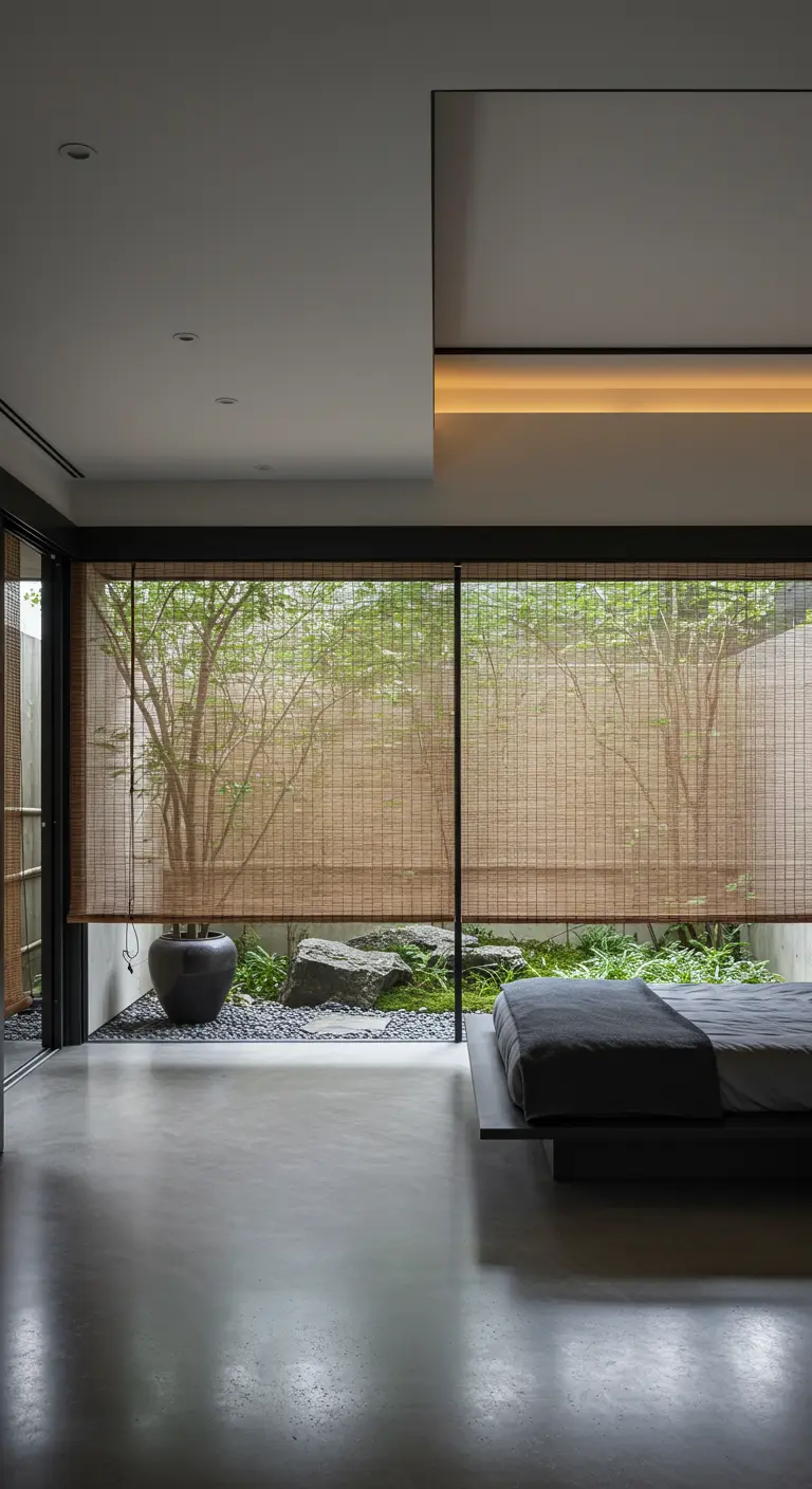Bedroom with concrete floors and bamboo blinds looking onto a private courtyard.