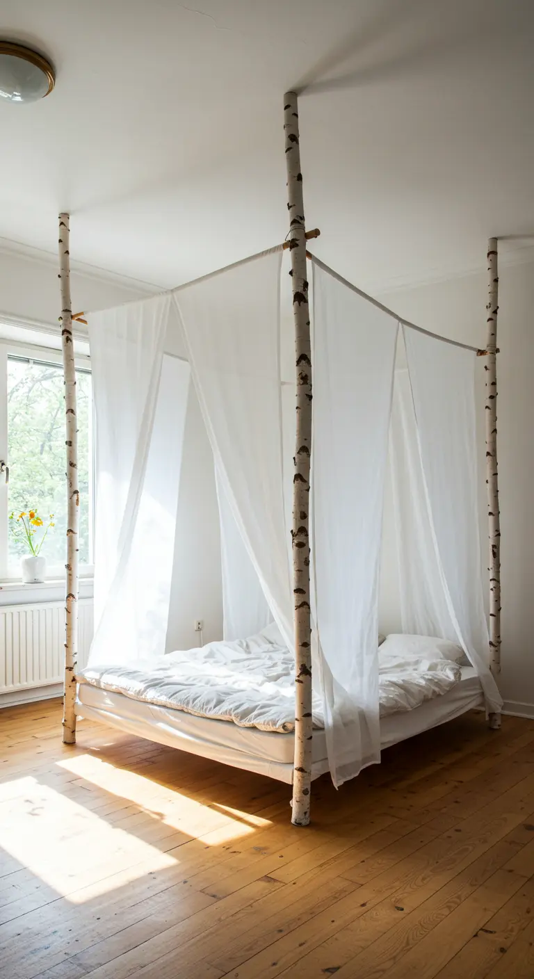 A four-poster bed made from natural birch tree trunks and draped with sheer white fabric.