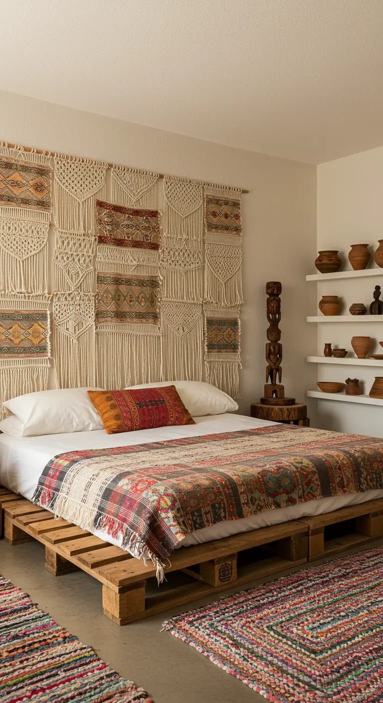 A large feature wall behind a pallet bed, made from multiple macramé and textile panels.