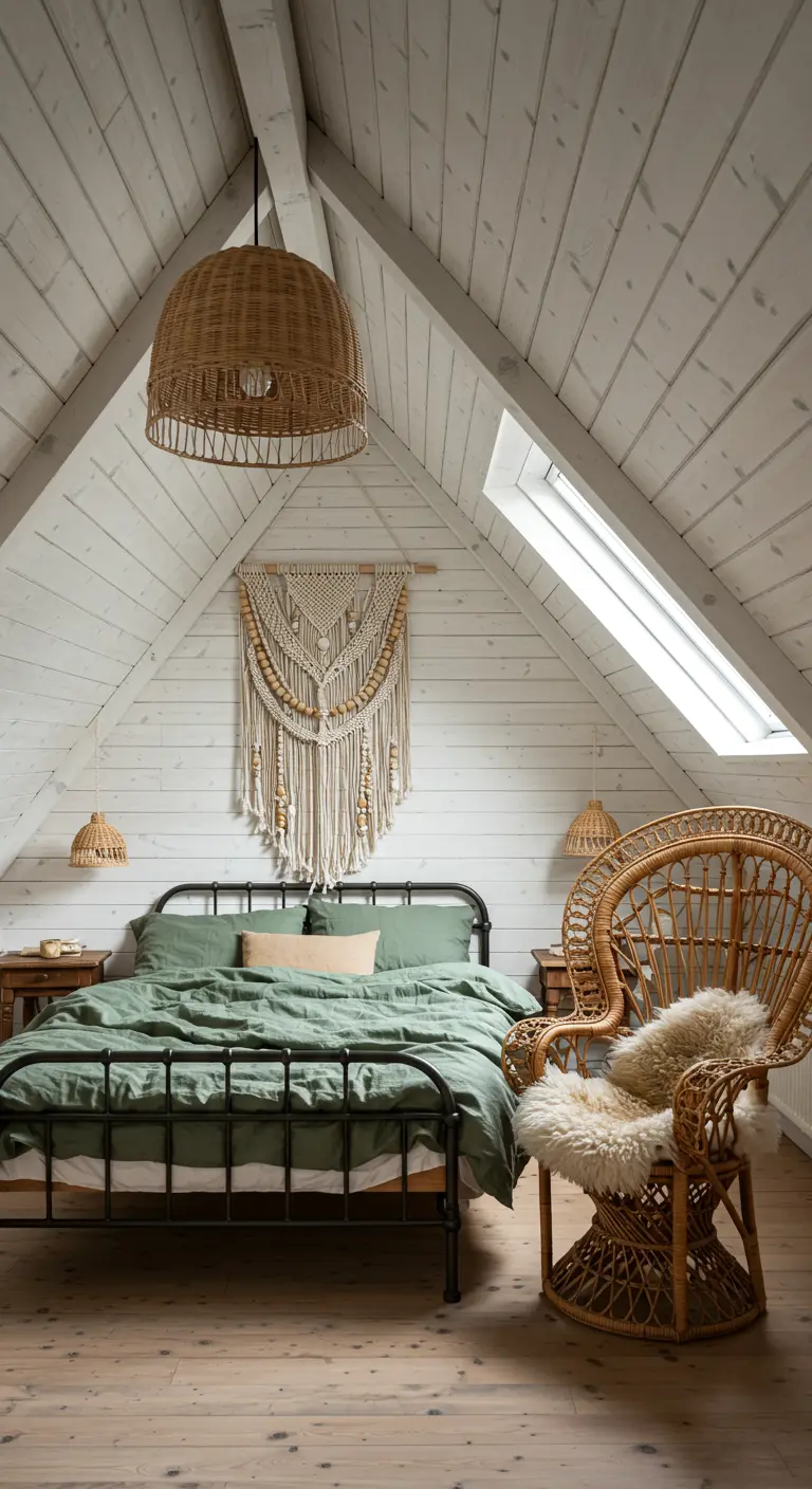 Attic bedroom with white shiplap walls, a black metal bed, and a large wicker pendant light.
