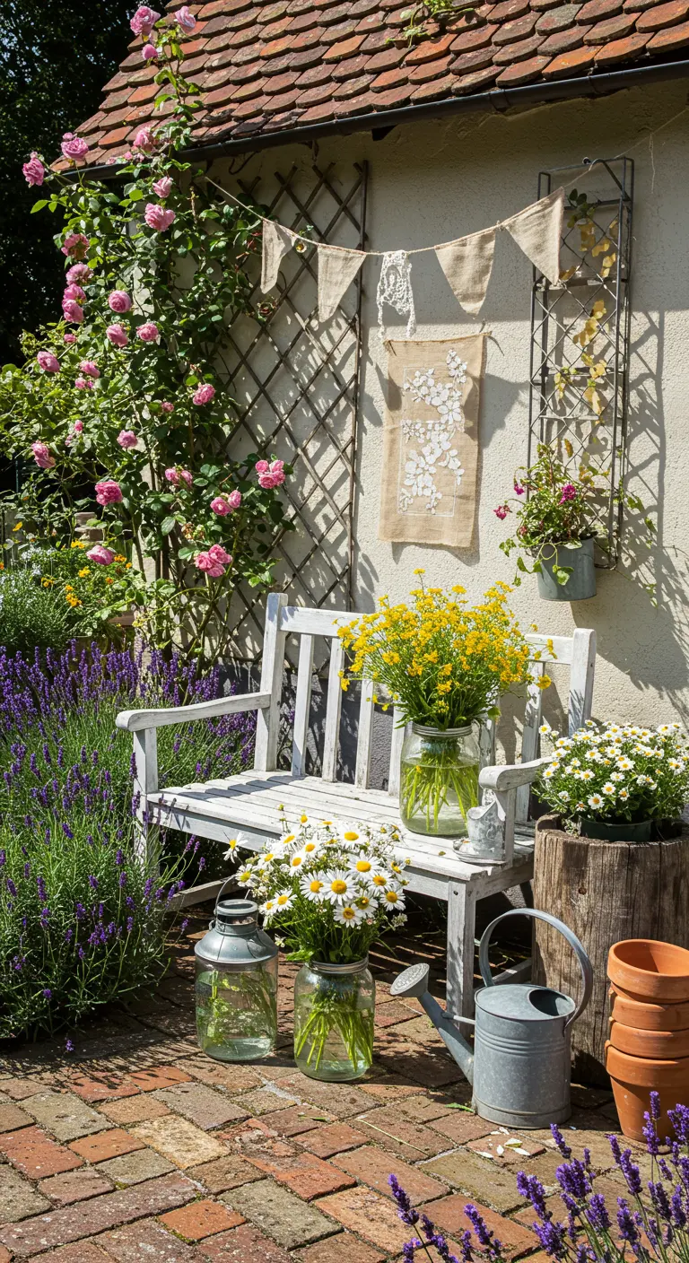 White bench in a cottage garden with daisies in jars, surrounded by lavender and roses.