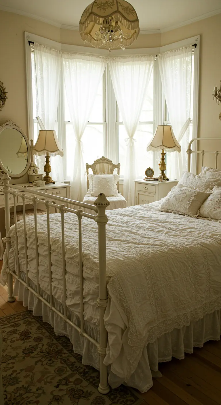 A vintage-style bedroom with a white iron bed, ruffled linens, and antique furniture.