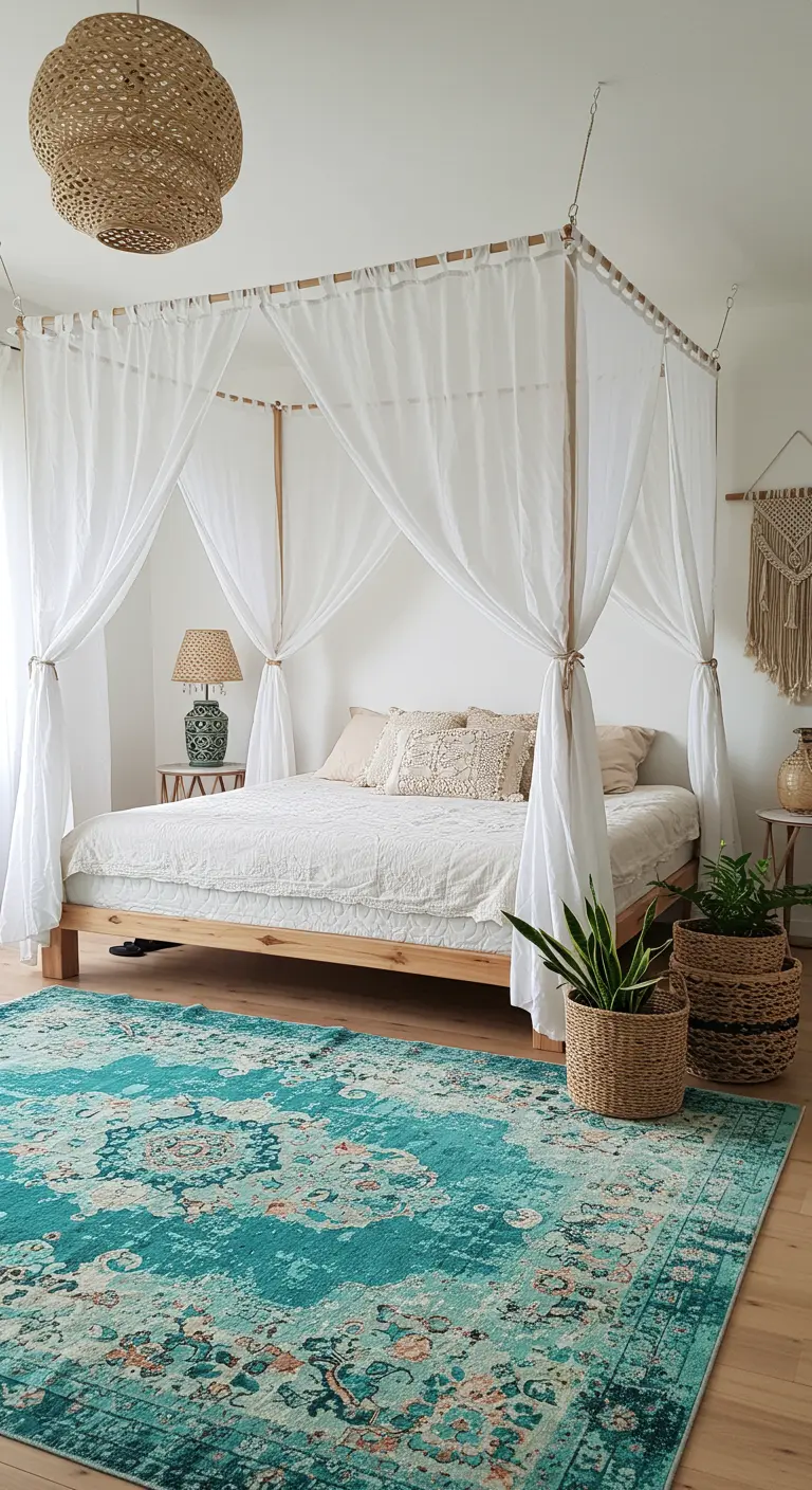 Bedroom with a simple canopy bed draped in sheer white fabric.
