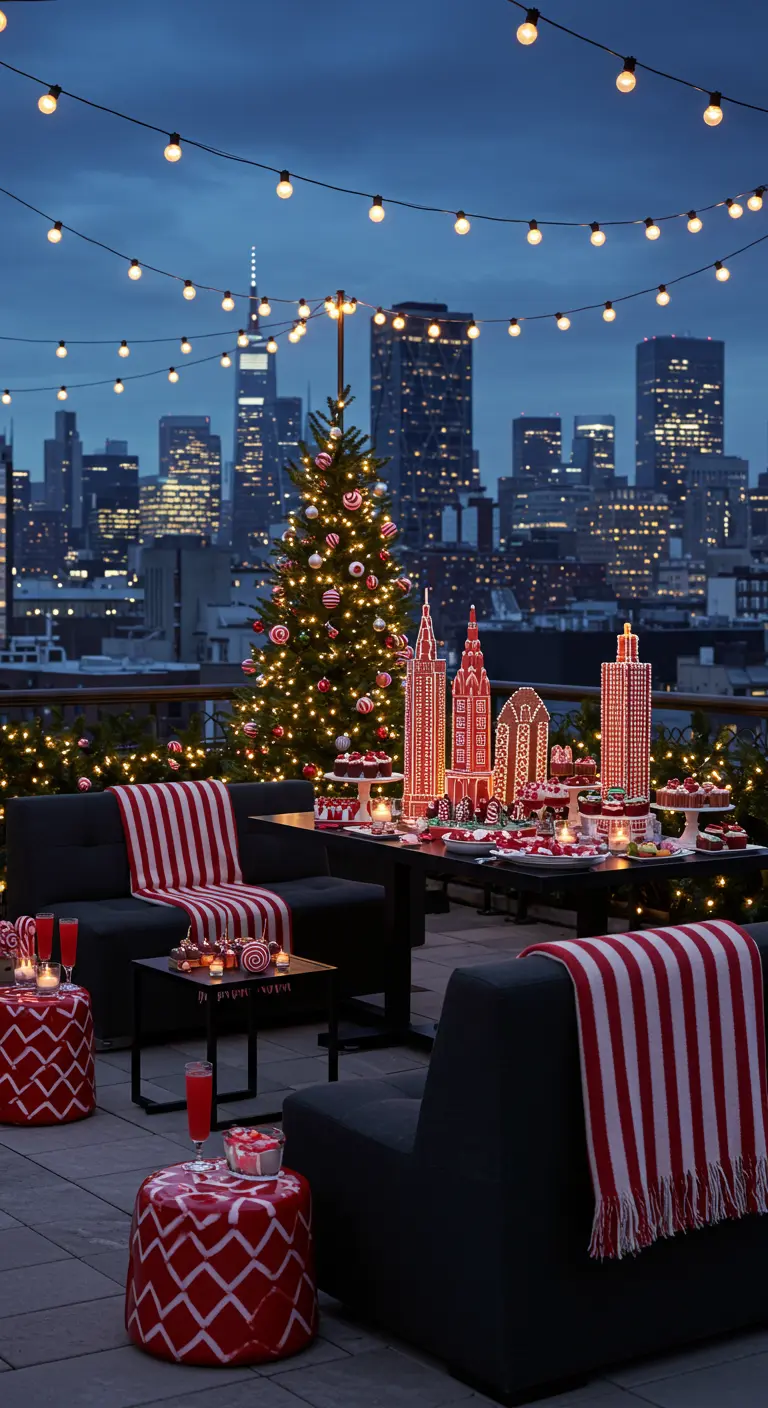 Rooftop party with a dessert table featuring a gingerbread building skyline.