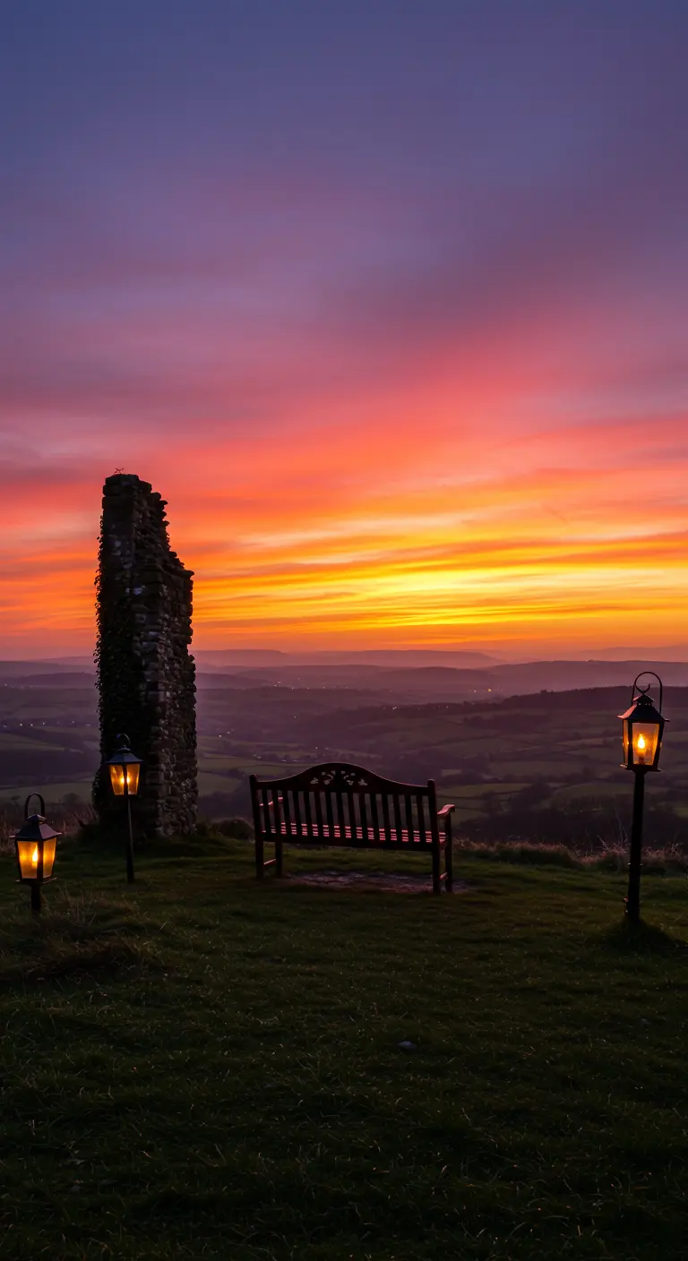 A solitary bench on a grassy hilltop, flanked by two lanterns against a dramatic sunset.