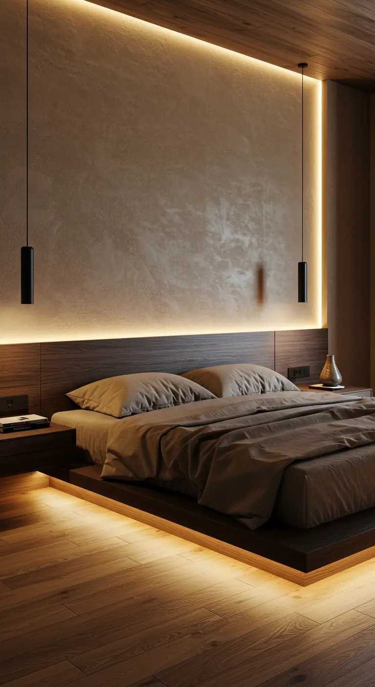 Modern bedroom with a floating platform bed and warm LED under-lighting.