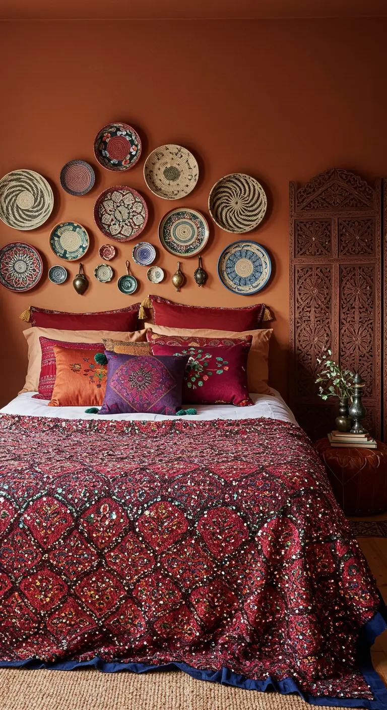 Bedroom with a terracotta wall covered in a gallery arrangement of woven baskets and plates.