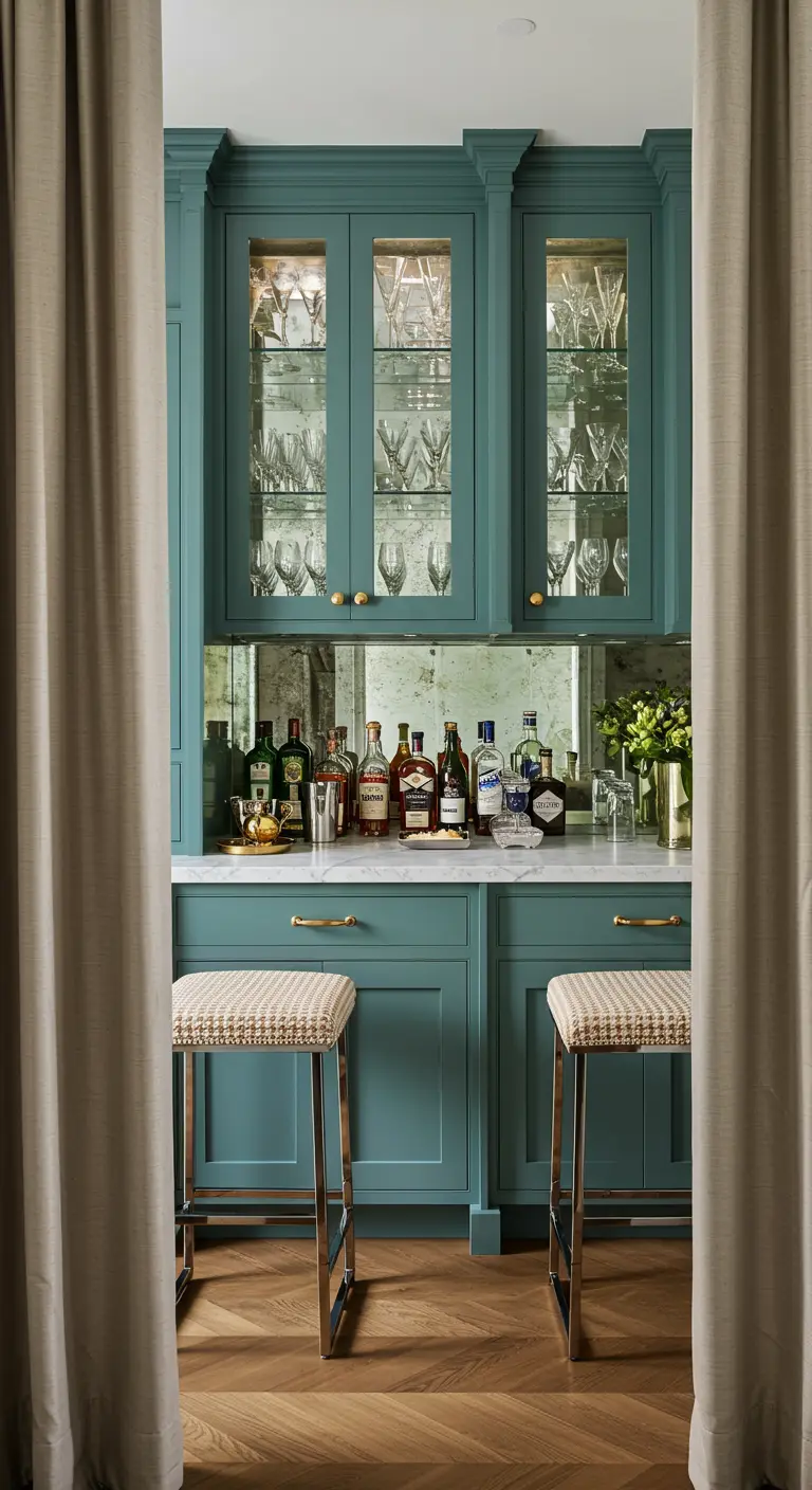 A sophisticated home bar with dark teal cabinets and a mirrored backsplash.