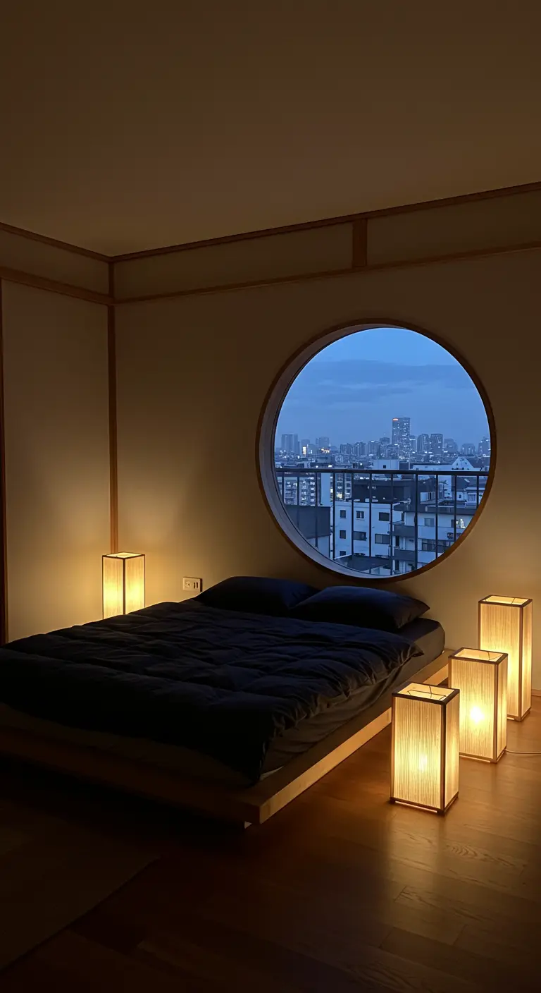 Bedroom with a large round window and a cluster of floor lanterns.